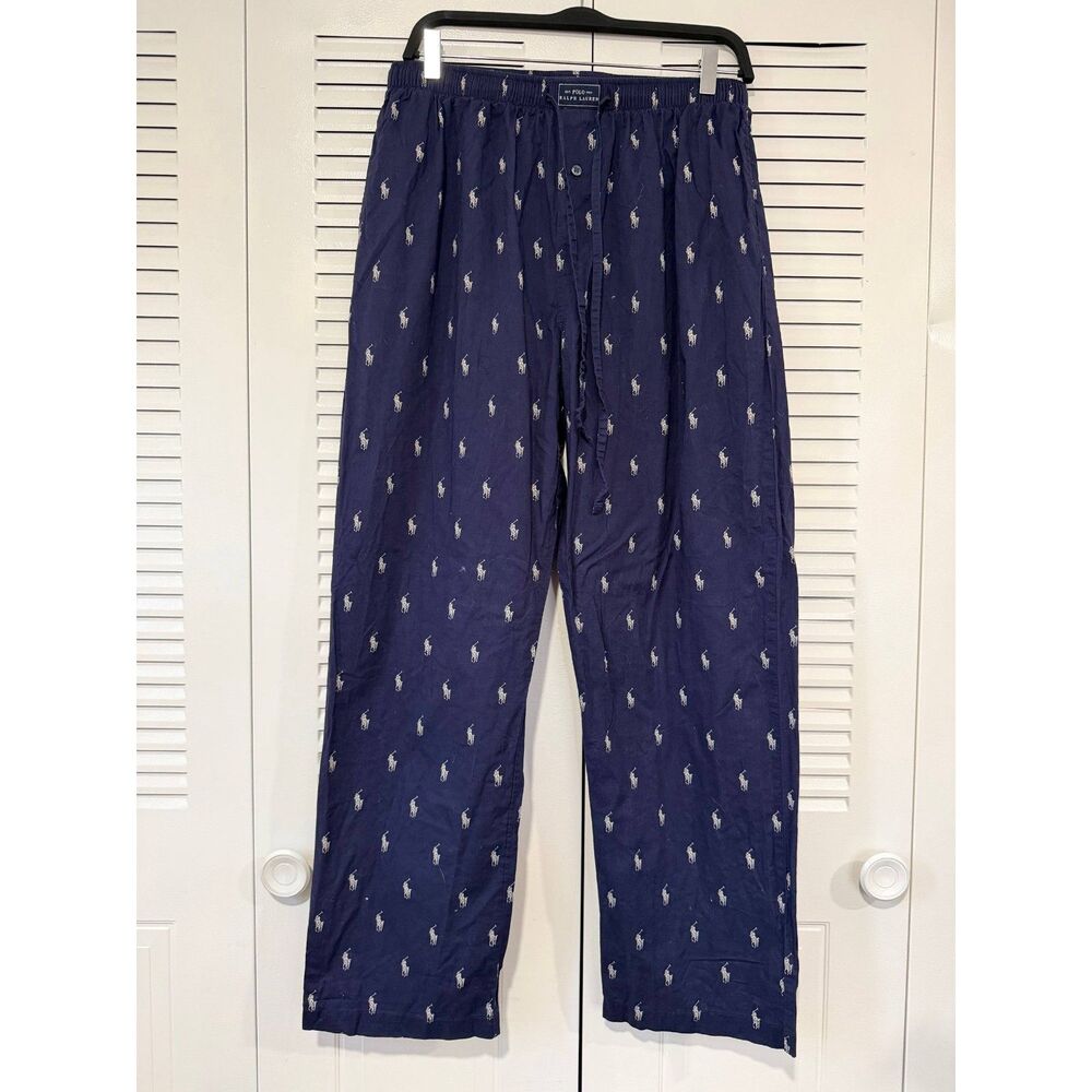 Polo Ralph Lauren Mens L Navy Blue Pony Print Cotton Pajama Lounge Pants